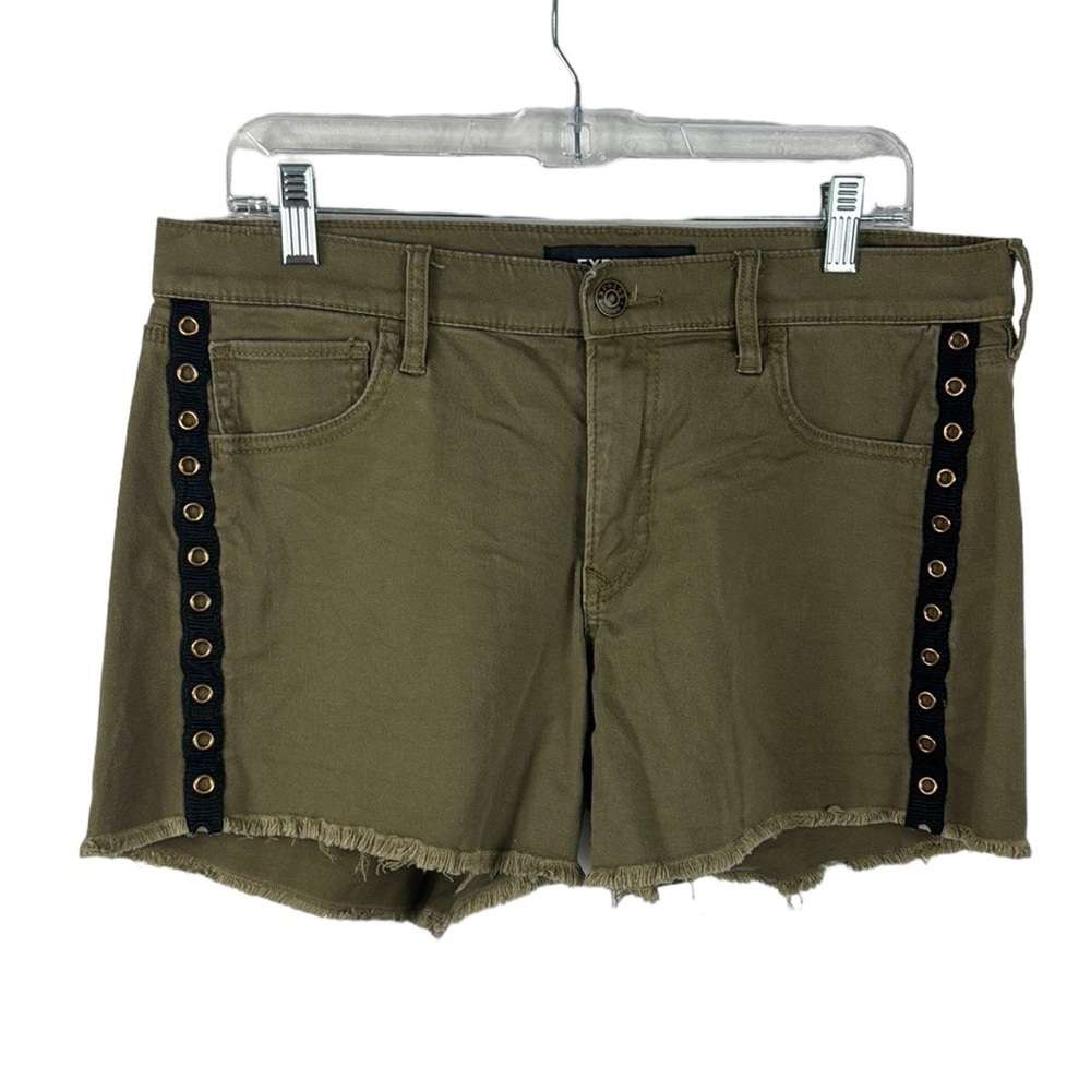 Express Supersoft Mid Rise Shortie Shorts Women's 12 Olive Fringe‎ Hem Twill EUC